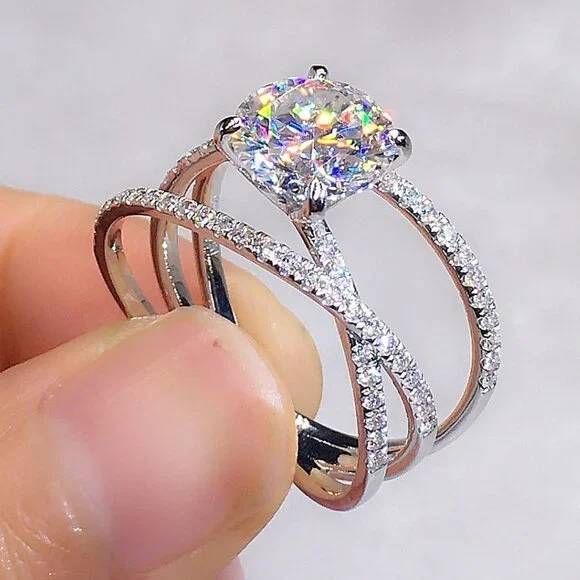 Engagement CZ Clear Super Large Silver Plated Wedding Beautiful Ring, K993